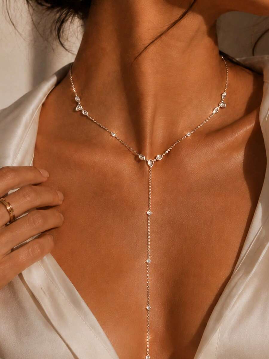 STONEFANS 1pc Women's Elegant Silver Crystal Leaf Y-Shaped Necklace, Exquisite Rhinestone Long Dangle Pendant Necklace, Suitable For Wedding, Ball, Party, Date And Daily Wear - Silver - View 1