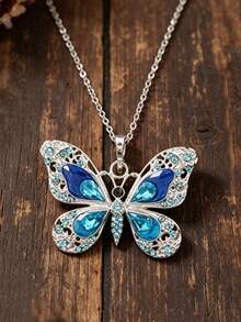 1pc Heavy-Duty Hollow Butterfly Pendant Necklace, Oil-Drip Inlaid Artificial Rhinestone Vintage Fashion Necklace - Pink - View 4