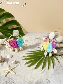 Bohemian Handmade Woven Earrings For Women, Summer Natural Shell Pendant, Vacation Style Straw Woven Large Earrings, Colorful Beaded Ear Jewelry - Colorful - View 3