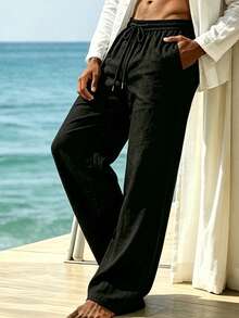 Men's Linen Straight Wide Leg Pants, Elastic Drawstring High Waist, Draped Loose Breathable Linen Casual Long Pants, Sporty Black - Black - View 2