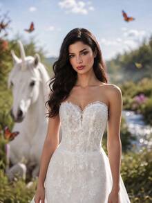 HEARBOBO Heavy Lace Sleeveless Strapless Vintage Mermaid Long Dress With Tulle Wedding Dresses For Bride White Fall - White - View 4