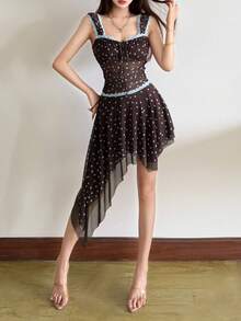 Top Dazzle Women's Bohemian Brown Polka Dot Skirt, Semi-Sheer Back Square Neck T-Shirt Dress, Fashionable Style - Coffee - View 2