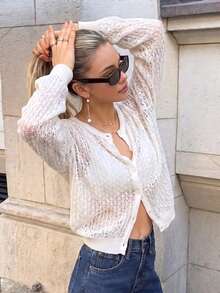 Women's White 3D Lace Cardigan | Sheer V-Neck Open Front Knit Shirt | Elegant Summer Parties & Wedding Cover Up For Daily Chic - White - View 1