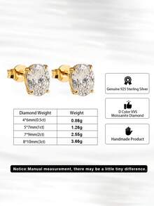 ORSA JEWELS 1 Pair 925 Sterling Silver 14K Gold Oval Cut Moissanite Stud Earrings, Cute Women's And Men's Jewelry, Suitable For Wedding, Party, Banquet Gift, Birthday And Christmas - MOE02 - View 7