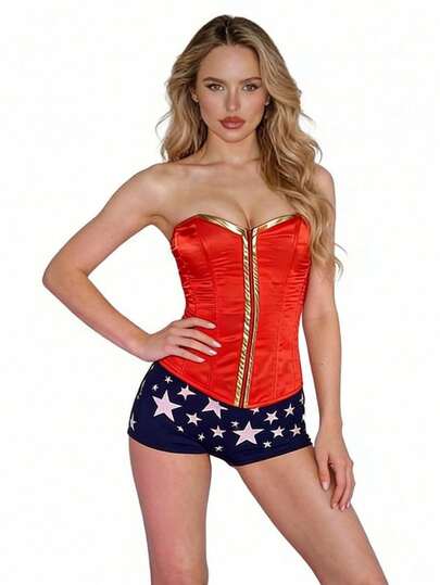 Women Superhero Themed 2 Piece Halloween Costume Set, Strapless Zipper Front Corset Top And Star Print Shorts, Sexy Cosplay Party Clubwear Outfit
