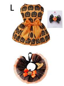 Halloween Pumpkin Print Dog Dress, Matching Bow And Ruffled Collar Set, Cute Orange And Black Halloween Costume, Lantern Pattern, Party Pumpkin Dress, Glittery Pumpkin Bow Hair Clip And Glittery Mesh Ruffled Collar - Multicolor - View 15
