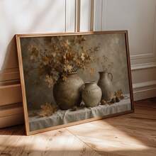 1pc Canvas Wall Art, Framed Wall Decor, Vintage Country Style Autumn Still Life Canvas Painting, Autumn Maple Leaves Ceramic Vase Acorns Pastoral Oil Painting Decor, Warm Earth Tone Comfortable Neutral Aesthetic Wall Decoration - Retro Art - View 10