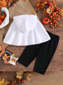 Baby Girl Autumn/Winter Halloween Cute Ghost Hooded Plush Cape Top And Solid Color Elastic Waist Leggings 2 Pieces Outfit Set - Black and White - View 2