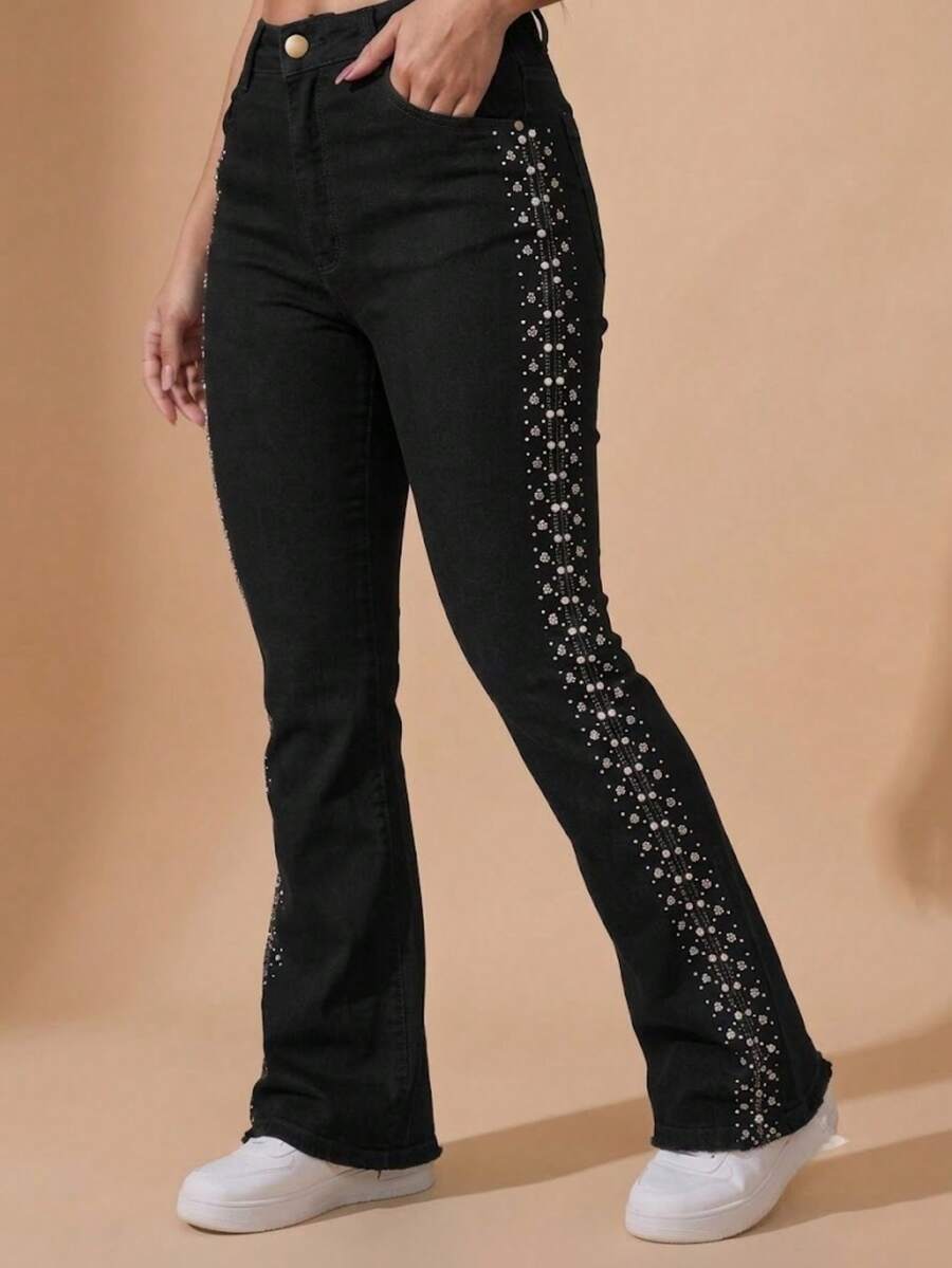 pthirillo Women's Black Flare Jeans With Rhinestones, High Waist, Butt-Lifting, Premium Shine - 側面飾有水鑽條紋 - 查看 1