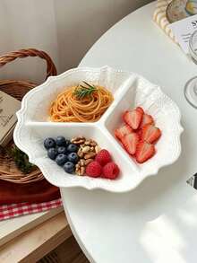 1pc European Style Petal Embossed Ceramic 3-Compartment Plate, Home Use Light Meal Portion Control Divided Plate, Western Pasta Fruit Nut Snack Dessert Dish - White - View 8