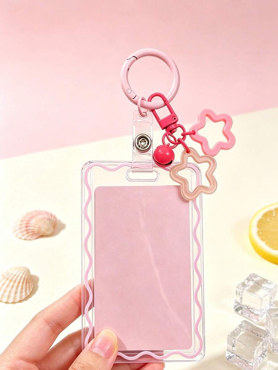 Transparent ID Card Holder With Star Bell Keychain, Durable And Fashionable, Designed For Women. Made Of Playful And Practical Plastic Structure, Essential For Campus Life, Beautiful Design, Equipped With Star Bell Buckle, Can Store ID Card, Bank Card, Bus Card And Keys, Essential ID Protection Holder For Campus Life, Essential For Students, Practical And Fashionable, Fashionable Keychain, Suitable For ID Card, Credit Card, Bus Pass And Keys, Back To School Season, Graduation Season, Teacher's Day - Multicolor - View 1