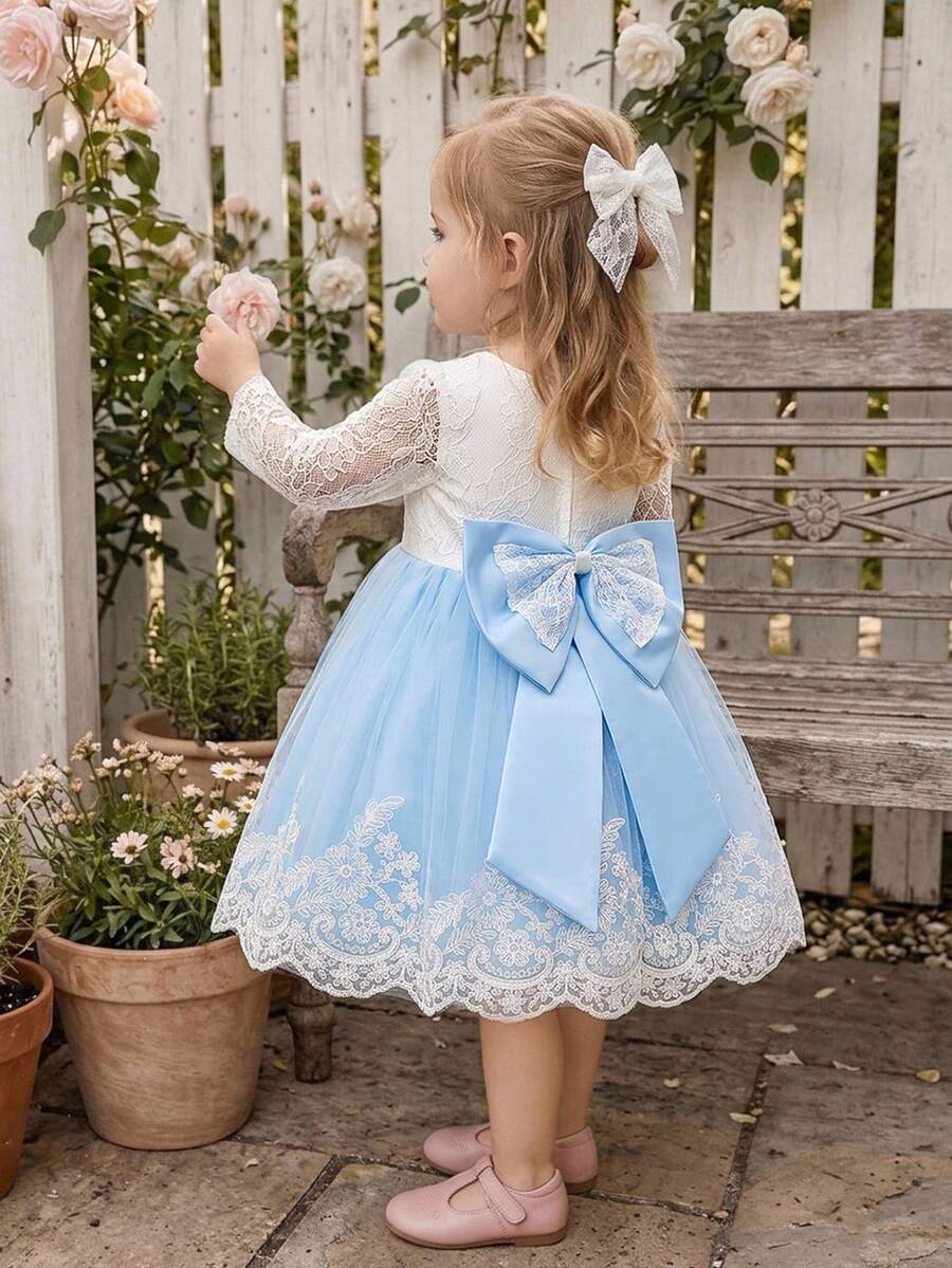 Baby Girls Lace Long Sleeve Mesh Bow Gorgeous Princess Flower Girl Dress For Wedding Party, Headband Not Included - Baby Blue - View 1