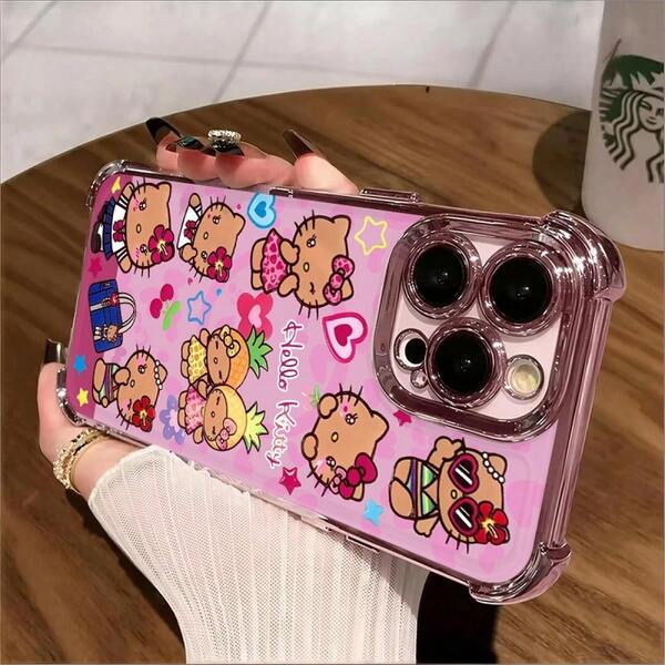 SANRIO 人気ハローキティ ハワイアン風 TPU スマホケース ピンクメッキ加工 耐衝撃レディース携帯カバー iPhone11/12/13/14/15/16/17 Pro Max Plus Pixel7/8/9a プレゼントに最適