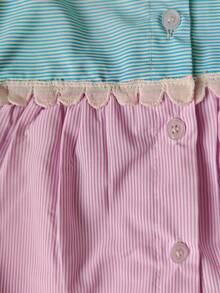Women's Colorblock Striped Ruffle Hem Shirt Dress, Front Button Closure Lantern Short Sleeve, Elegant And Sweet Summer - Light Blue and Pinkish Yellow - View 6