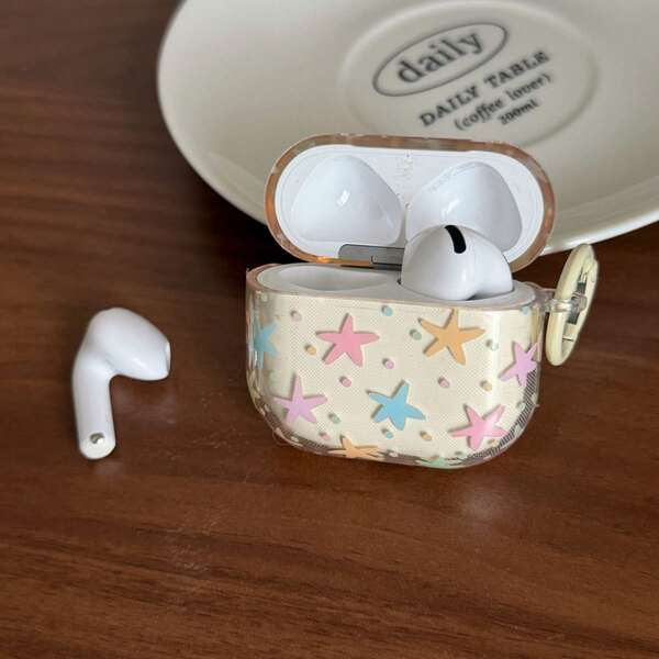 半透明黃色彩色星星掛環耳機保護殼，適用於 Apple AirPodsPro3/AirPodsPro2/AirPodsPro/AirPods4/AirPods3/AirPods2，時尚女款極簡 Apple 耳機保護套