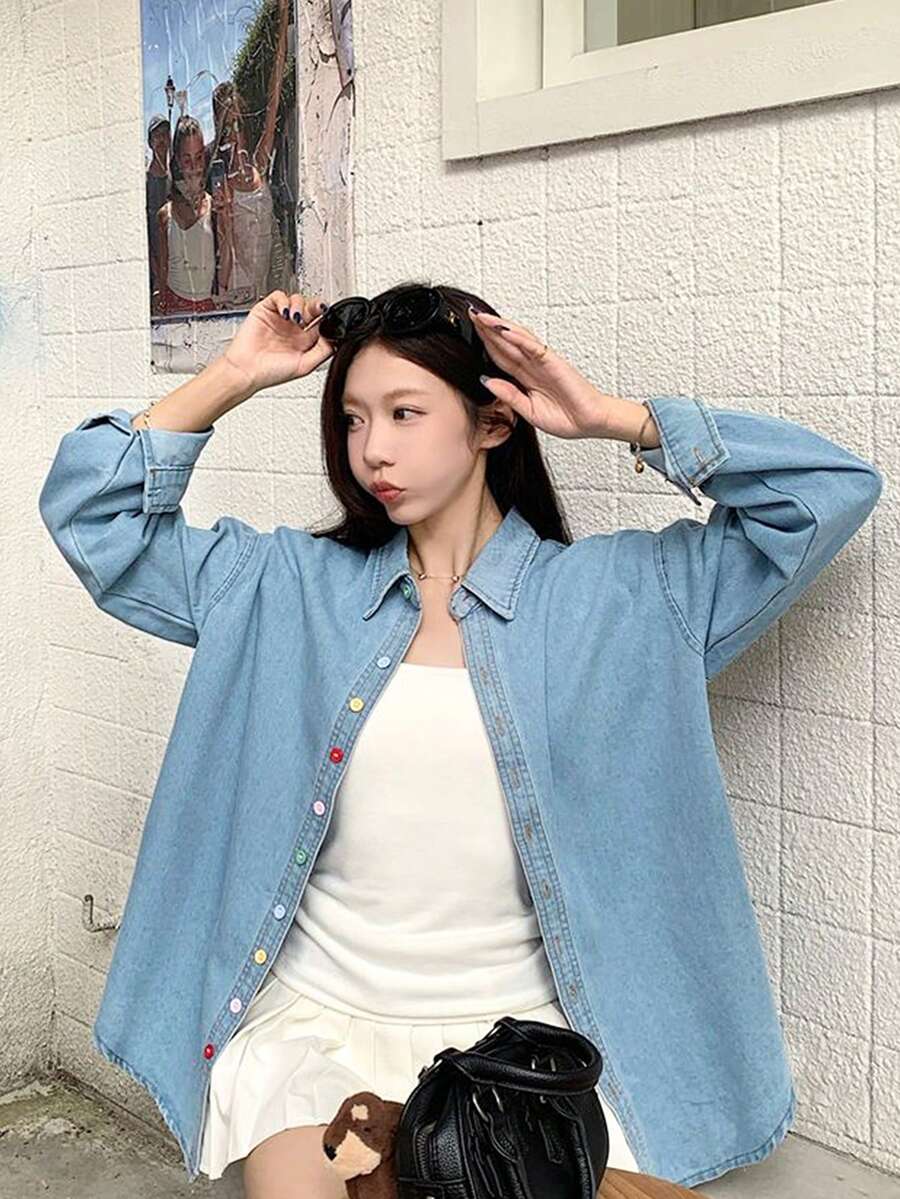 Korean Style Lazy Colorful Button Denim Shacket Women Early Autumn Niche Elegant Lapel Long Sleeve Top - Blue - View 1