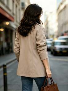 Women's Classic Lapel Long Sleeve Trench Coat, With Buttons And Pockets, Suitable For Spring And Autumn Wear, Elegant Woven Fabric, Regular Fit - Khaki - View 3