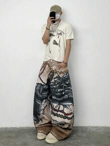 Justice Brother 1pc American Street Style Personalized Multi-Color Digital Print Men's Denim Jeans Fashion Loose Wide Leg Pants All Season Versatile Long Pants (Belt/Accessories Not Included) - Multicolor - View 9