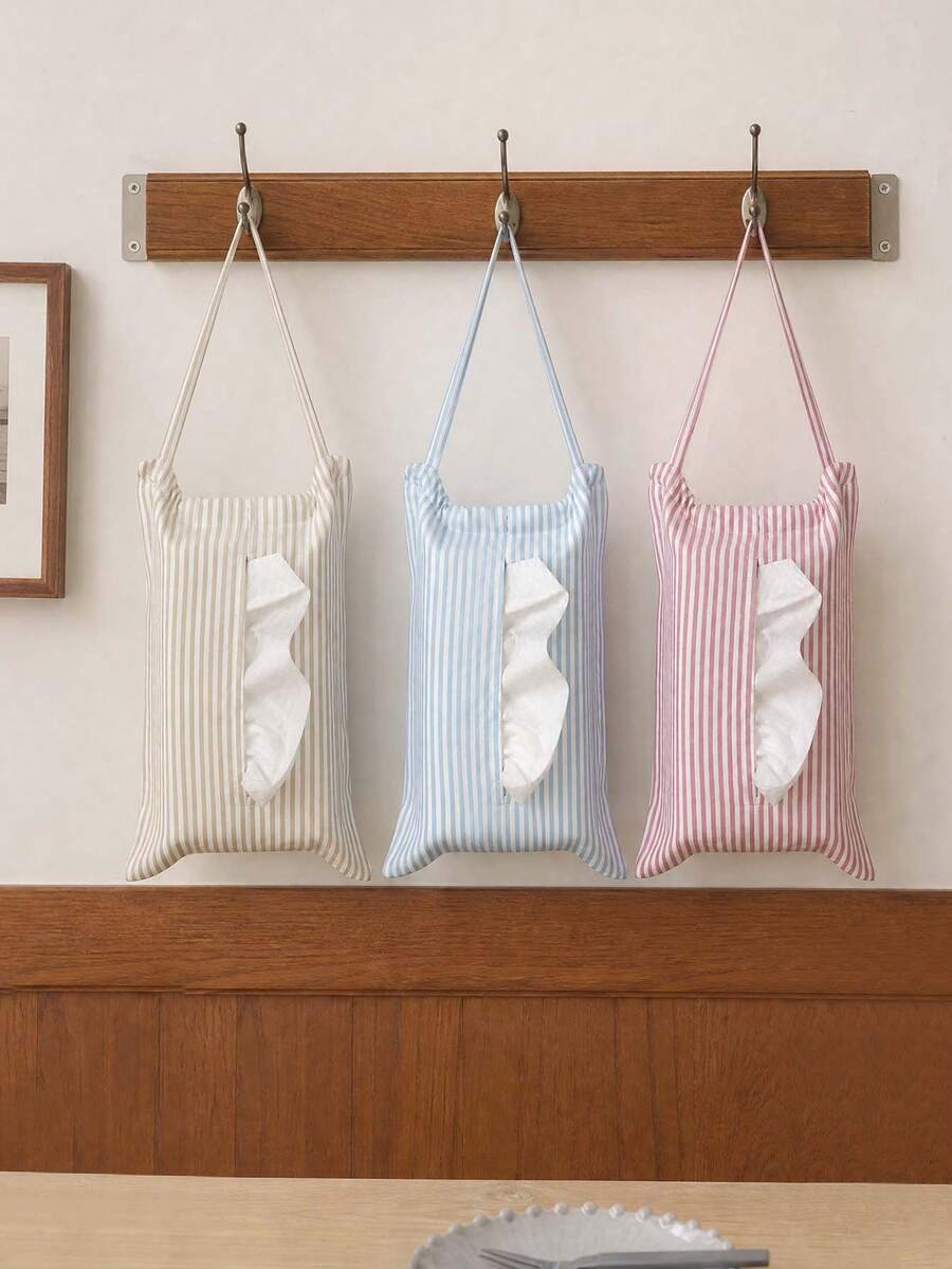 1pc Nordic Striped Hanging Tissue Holder Home Decor, Reusable Fabric Tissue Storage Box Suitable For Car Seats, Bathroom, Bedroom, Lightweight And Portable Tissue Organizer - Multicolor - View 1