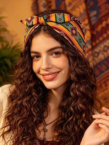 1pc Women's Bohemian Geometric Pattern Printed Bow Knot Casual Headband, Outdoor Yoga Fashion Hair Accessory - Multicolor - View 8