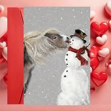 1 Greeting Card + 1 Envelope Adorable Winter Holiday Greeting Card Horse Kissing Snowman With Text Season Greetings For Friends Winter Festive Artistic Style Card - Red Envelope - View 9