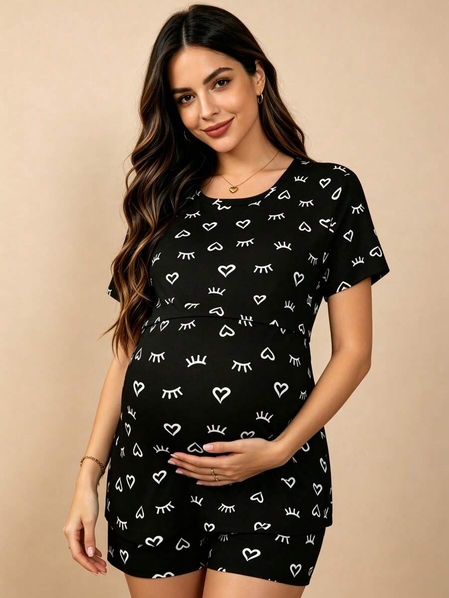 Hart & Haze 两件套孕妇哺乳休闲舒适套头衫和短裤套装,可爱印花,春季 - 黑色 - 查看 1