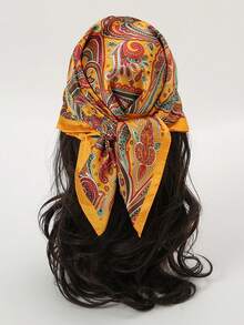 1pc Bohemian Paisley Pattern Silk Scarf, Size 27.5 Inches X 27.5 Inches, Fashion Design, Suitable For Daily Wear. - S40560-yellow - View 1