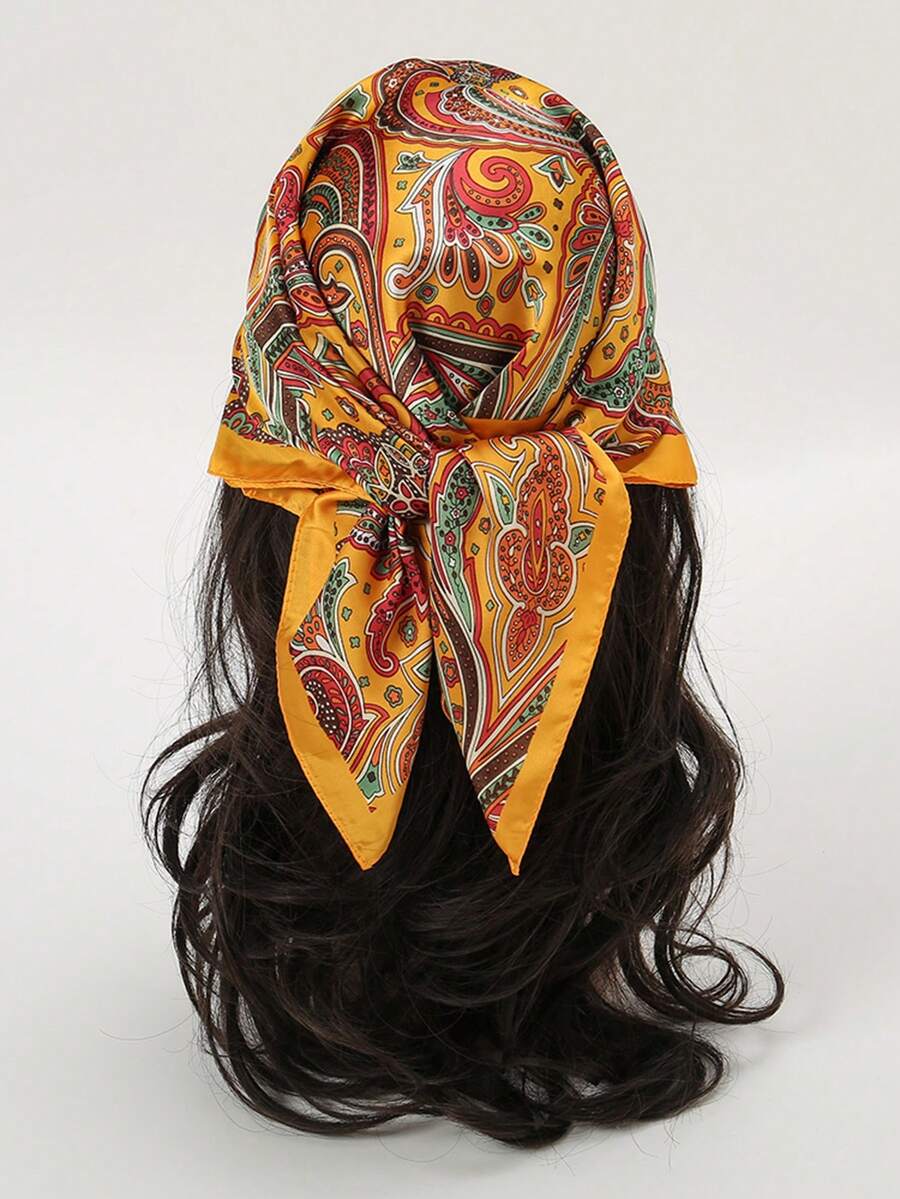 1pc Bohemian Paisley Pattern Silk Scarf, Size 27.5 Inches X 27.5 Inches, Fashion Design, Suitable For Daily Wear. - S40560-yellow - View 1