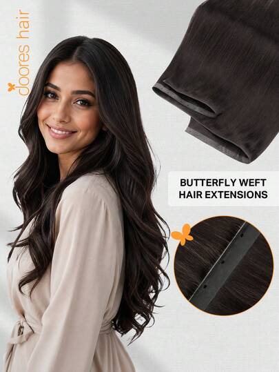 DOORES Butterfly Weave Hair Extensions, Human Hair, Invisible PU Hole Weave Hair Extensions | Breathable Sew-In Butterfly Weave Hair Extensions With Micro Beads, 18-20 Inch Dark Brown, Long-Lasting Natural Human Hair