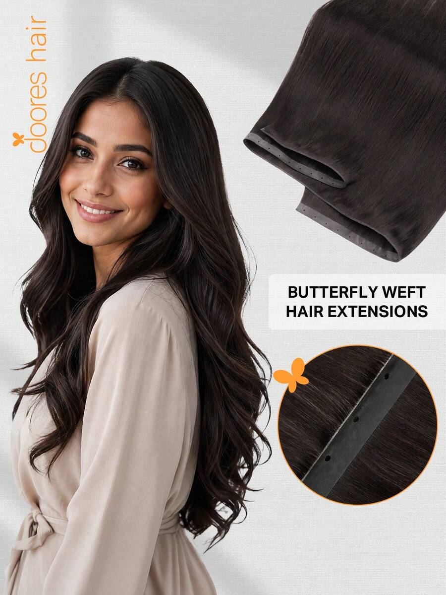 DOORES Butterfly Weave Hair Extensions, Human Hair, Invisible PU Hole Weave Hair Extensions | Breathable Sew-In Butterfly Weave Hair Extensions With Micro Beads, 18-20 Inch Dark Brown, Long-Lasting Natural Human Hair