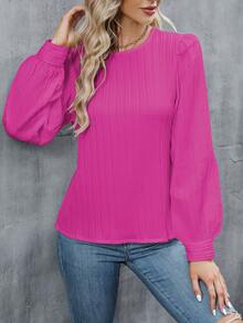 White Textured Striped Crew Neck Bishop Sleeve Blouse, Women Autumn Spring - Rose Red - View 4