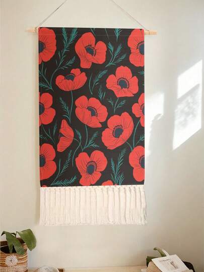 1 pieza Tapiz, Colgante de pared, Tapiz largo de lino vintage con borlas, Decoración de pared vertical, Diseño de estampado floral, Versátil para sala de estar, dormitorio & oficina
