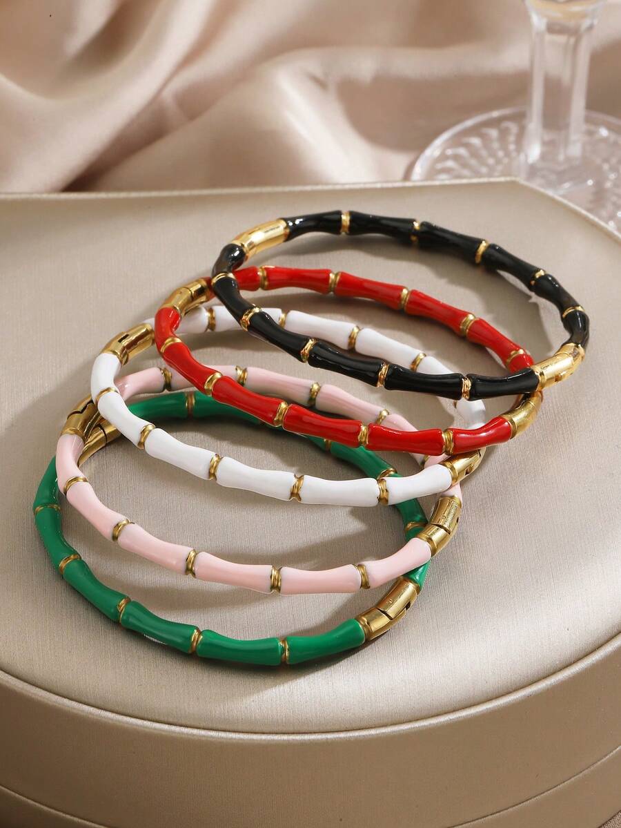 5 pièces/1 pièce Bracelet en acier inoxydable minimaliste avec joint en bambou et goutte d'huile colorée, convient pour le port quotidien et les fêtes des femmes - Multicolore - Voir 1