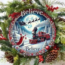2D Flat Printed Metal Iron Sign, 1pc "Believe" Christmas Train Wreath Metal Sign, 8x8 Inches, Wall Hanging Decor, Multi-Purpose Vintage Artwork With English Text, Suitable For Home, Holiday, Door Hanging Decoration, 2D Flat - 1PC - View 5