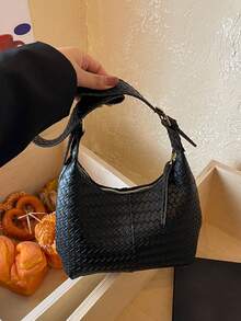 High-End Black Woven Texture Women's Tote Bag, Large Capacity, Adjustable Shoulder Strap, Shoulder, Commute, Large Size - Black - View 6