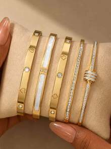 ZCNC 5pcs/Set Personalized Multi-Color Stainless Steel Bracelet Set, Unique Design, Fashionable, Multi-Element Design, Exquisite Ideal Gift, Non-Fading Jewelry, Stylish - Gold 4 - View 3