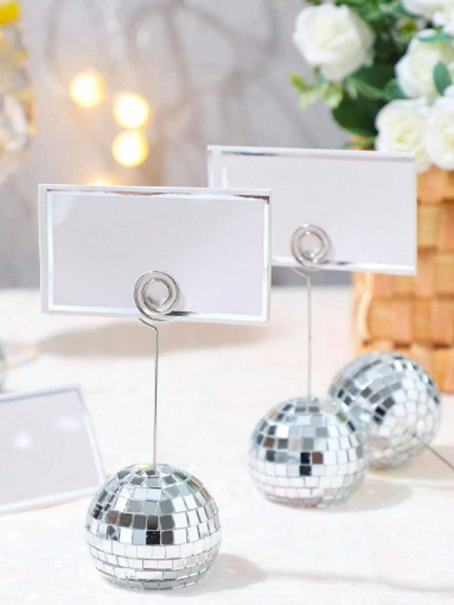 20pcs Disco Ball Shaped Table Number Holders, Silver Disco Style Photo Clips With Silver Blank Business Card Set, Spiral Metal Wire Table Number Holders, Christmas Wedding Photo Clips - A - View 1