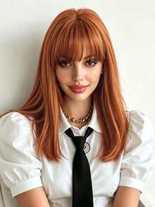 20-Inch Medium-Length Orange Wig Synthetic Straight Wig With Bangs, High Density Heat-Resistant Fiber Natural Fluffy Wigs For Women Daily Party Wear, Halloween Cosplay Use - 橘色 - 查看 1