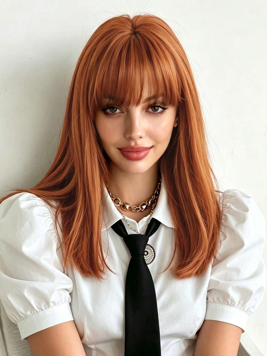 20-Inch Medium-Length Orange Wig Synthetic Straight Wig With Bangs, High Density Heat-Resistant Fiber Natural Fluffy Wigs For Women Daily Party Wear, Halloween Cosplay Use - 橘色 - 查看 1