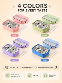 304 Antibacterial Stainless Steel Insulated Lunch Box, 720ml, Suitable For Students Back To School, Office Workers, Full-Time Drivers, Microwave , Dishwasher , Durable And Shock-Resistant. - Multicolor - View 5
