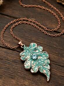 1pc Fashion Distressed Vintage Green Leaf Pendant Necklace, Women's High-End Style Synthetic Rhinestone Leaf Pendant Necklace - Red Copper - View 1
