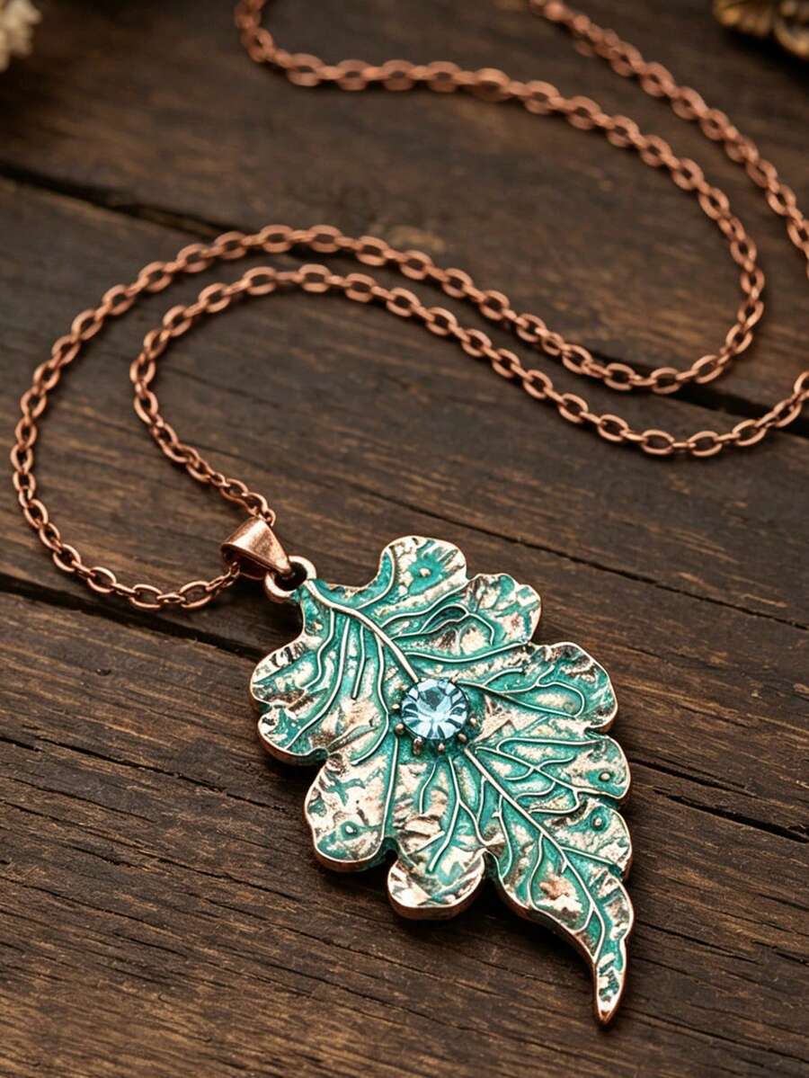 1pc Fashion Distressed Vintage Green Leaf Pendant Necklace, Women's High-End Style Synthetic Rhinestone Leaf Pendant Necklace - Red Copper - View 1