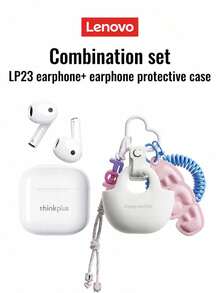 Lenovo LP23 Bluetooth Earphones With Pendant Protective Case Half In-Ear Stereo Sound High-Definition Voice Call Sensitive Microphone Smart Noise Cancellation, Music/Game Dual Mode, Low Latency, Long Battery Life, Suitable For Smartphones & Computers - White Earphones + Beige Protective Case With Pendant - View 12