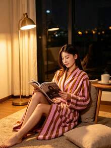 Women's Autumn/Winter Long Bathrobe: Retro Striped Tie Design, Thick Flannel Fabric, Highly Absorbent, Soft And Comfortable, Suitable For Home And Bathroom Wear, Machine Washable. - Multicolor - View 4