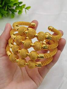 4pcs/1pc Optional Fashion Women's Gold-Plated Mesh Round Bead Braided C-Shaped Open Bangle Bracelet, Saudi Arabia Middle East Dubai Europe America Africa Bridal Wedding Party Dress Accessory, Mother's Day Valentine's Day Birthday Wedding Season Back To School Gift - Yellow Gold - View 1