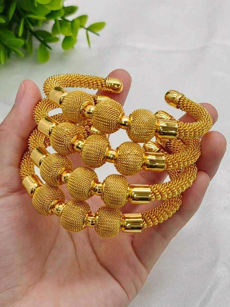 4pcs/1pc Optional Fashion Women's Gold-Plated Mesh Round Bead Braided C-Shaped Open Bangle Bracelet, Saudi Arabia Middle East Dubai Europe America Africa Bridal Wedding Party Dress Accessory, Mother's Day Valentine's Day Birthday Wedding Season Back To School Gift - Yellow Gold - View 1