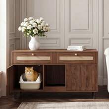 Cat Tree With Cat Mat, Cat Furniture, Pet Cabinet With Rattan Drawer, Pet Sideboard/TV Stand, No Cat Box, White, 120x50x65 - Double Door, 120*50*65 cm - View 9