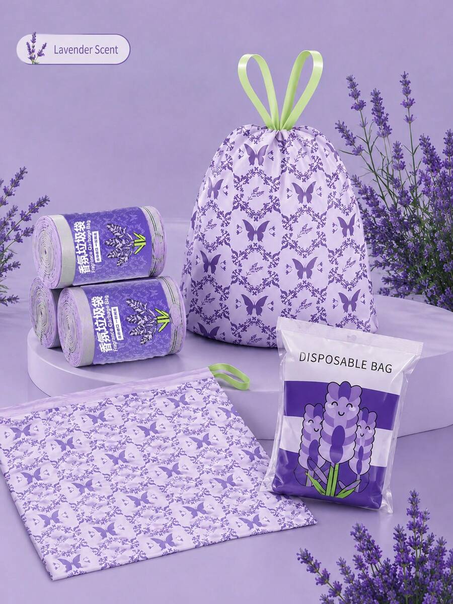 Lavender Scented Drawstring Garbage Bags, Thickened Leak-Proof Disposable Trash Bags With Handles, Butterfly Floral Print Garbage Bags Suitable For Kitchen, Bathroom, Office (2 Random Styles) - A - View 1