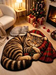 1pc Plaid Christmas Hat Tassel Sleeping Tabby Cat Decorative Rug, Living Room Carpet, Bedside Plush Rug, Autumn/Winter Rug, Thick Rug, Large Living Room Carpet, Bedroom Rug, Living Room Home Decor, Outdoor Rug, Washable Rug - Multicolor - View 2