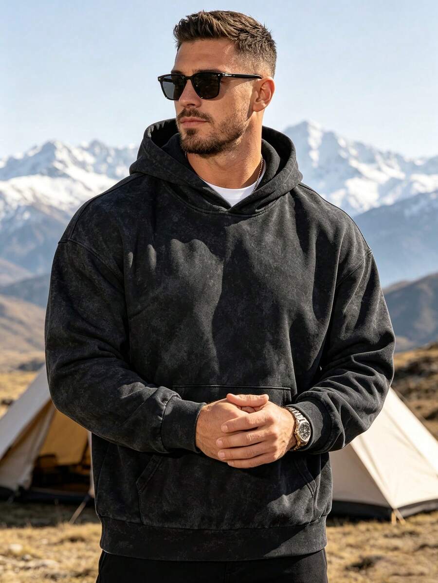 Men's Solid Color Drop Shoulder Long Sleeve Casual Pocket Hoodie, Autumn/Winter - Multicolor - View 1